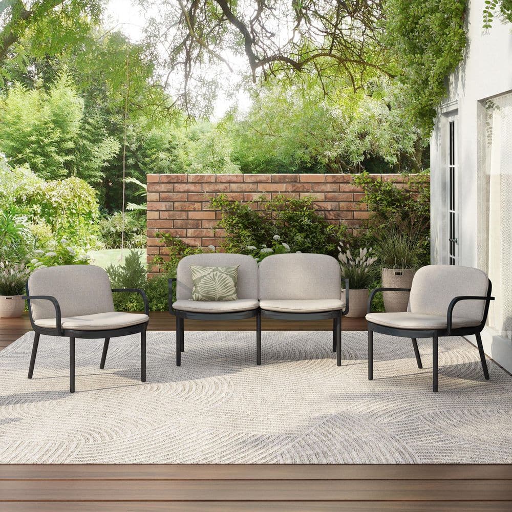 Black Plastic Outdoor Lounge Chair with Beige Cushions 2 Pieces