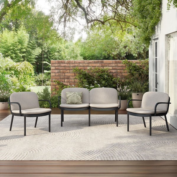 Black Plastic Outdoor Lounge Chair with Beige Cushions 2 Pieces Club Chairs and 1 Pieces Loveseat