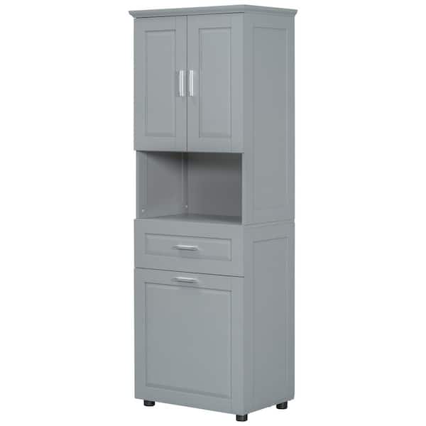 Tatahance 24.7 in. W x 16.3 in. D x 69.9 in. H Gray Wood Freestanding Bathroom Storage Linen Cabinet with Laundry Basket