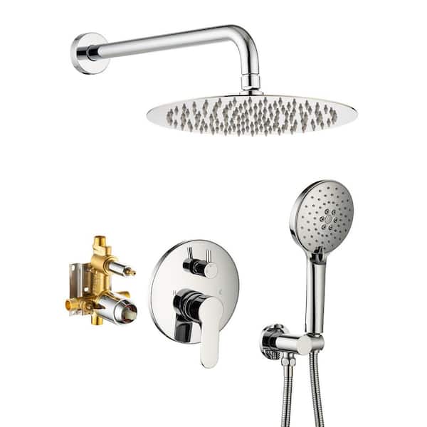 Lukvuzo Wall Mount Shower Faucet Mixer Set Shower System with Round Rain Head Handheld Spray Rough-in Valve in Chrome Brass