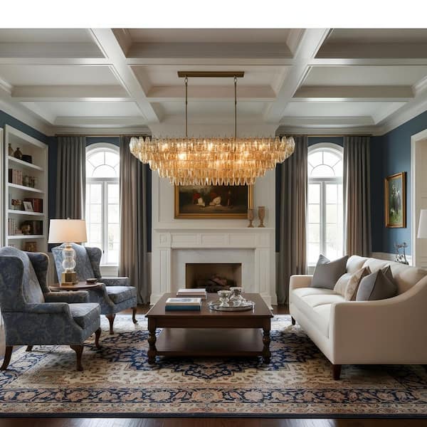 54 in. 19-Light Gold Mid-Century Rectangular Crystal Chandelier with Adjustable Rods