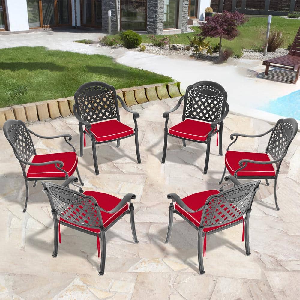 6 Pieces Metal Cast Aluminum Outdoor Patio Dining Chairs, Black Frame, with