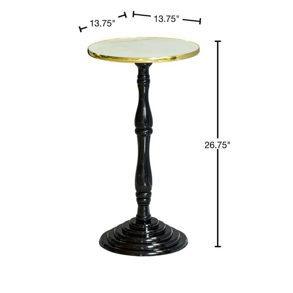 Espresso Wooden Round Pedestal Side Table with Glossy Marble Top