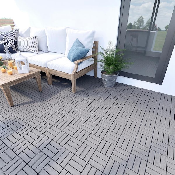 12 in. x 12 in. Wooden Gray Square Checker Interlocking Floor, Patio Deck Tiles (20-Pieces)
