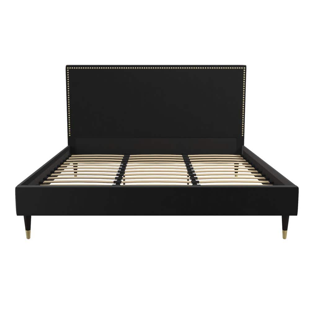 Audrey King Black Velvet Upholstered Platform Bed with Nailhead Trim