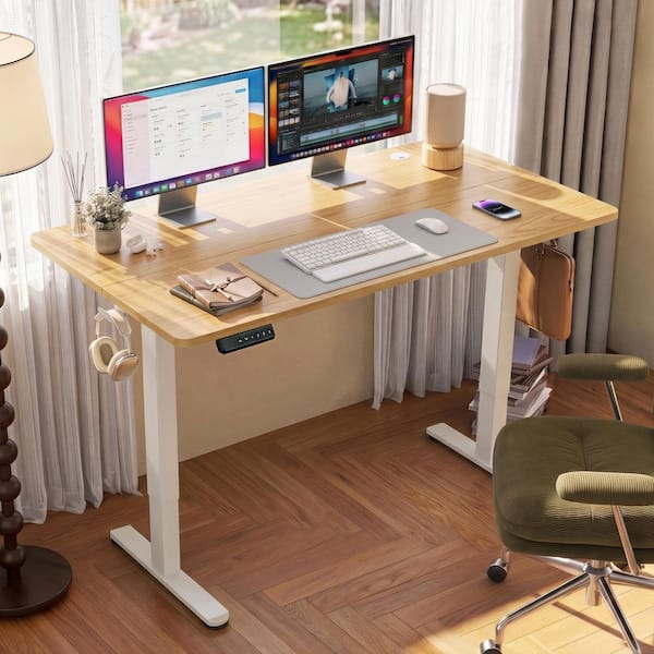 47 in. Rectangular Yellow Wood Electric Standing Desk with Hooks and Wire Holes