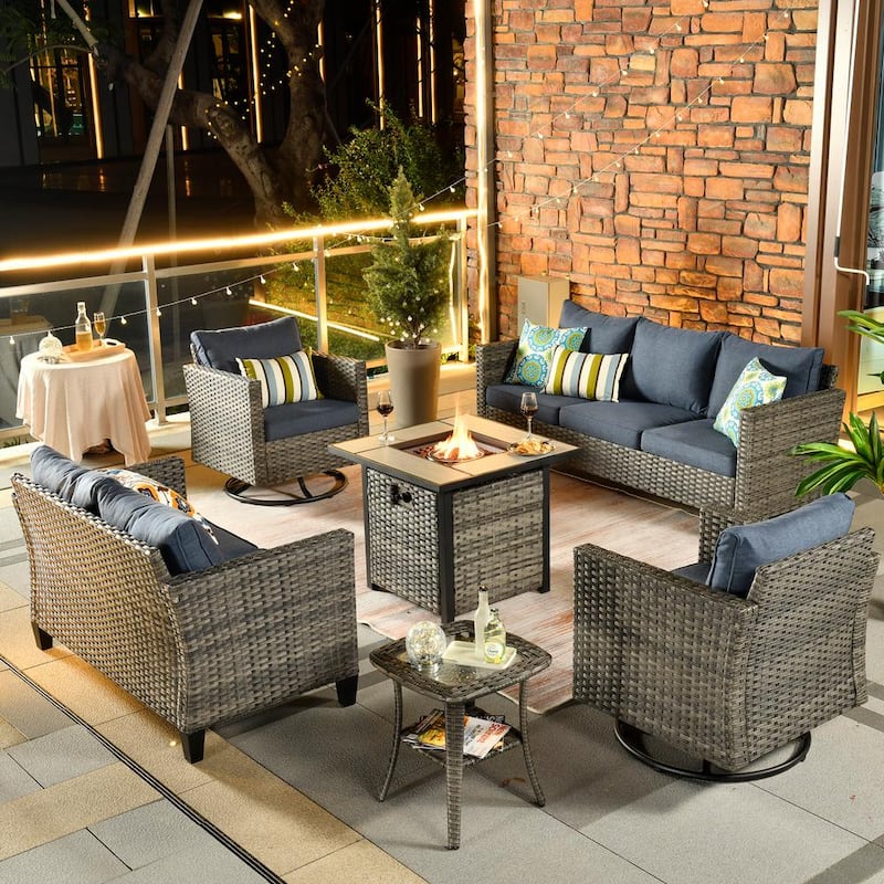 Michigan 6-Piece Wicker Outdoor Patio Fire Pit Seating Sofa Set and with Denim Blue Cushions and Swivel Rocking Chairs