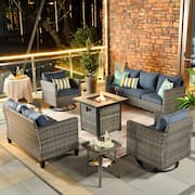 Michigan 6-Piece Wicker Outdoor Patio Fire Pit Seating Sofa Set and with Denim Blue Cushions and Swivel Rocking Chairs