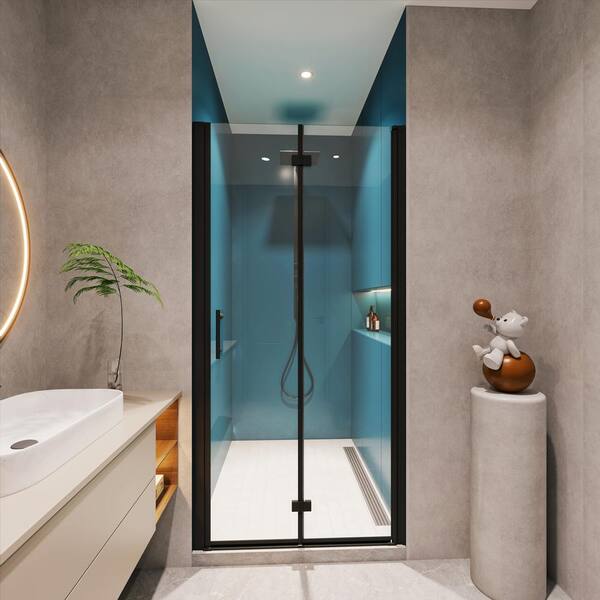 ANGELES HOME 34-35 3/8 in. W x 72 in. H Bi-Fold Semi-Frameless Shower Door in Matte Black Finish with 1/4 in. Tempered Clear Glass
