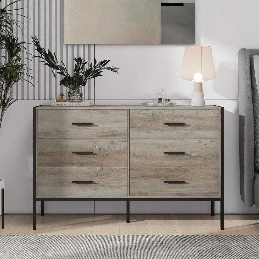 Rustic Gray Wood Dresser with Black Metal Frame, 6 Drawers