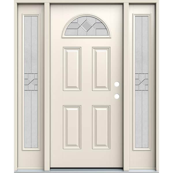 60 in. x 80 in. Left-Hand Fan Lite Decorative Glass Caldwell Primed Fiberglass Prehung Front Door with Sidelites