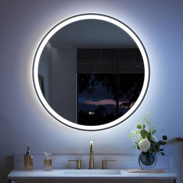 BONIE 36 in. W x 36 in. H Round Framed Anti-Fog LED Wall Bathroom Vanity Mirror in Matte Black