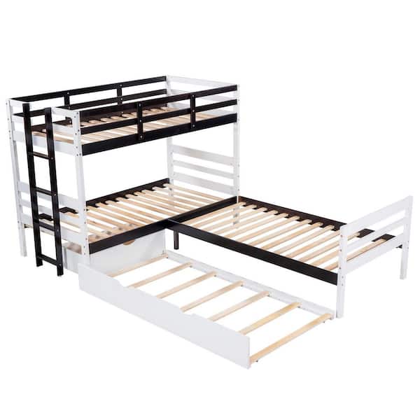 STICKON White Twin Size L-Shaped Bunk Bed and Platform Bed with Trundle and Drawer