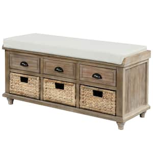 Rustic Storage Bench Entryway White Washed with 3-Drawers and 3 Rattan Baskets, Shoe Bench for Living Room