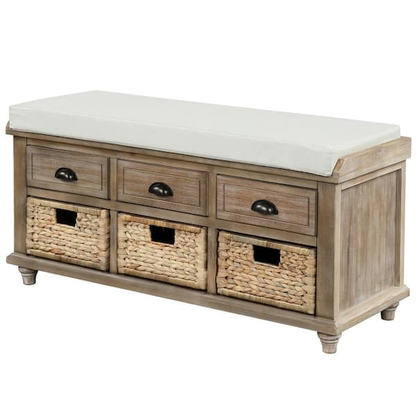 aisword Rustic Storage Bench Entryway White Washed with 3-Drawers and 3 Rattan Baskets, Shoe Bench for Living Room