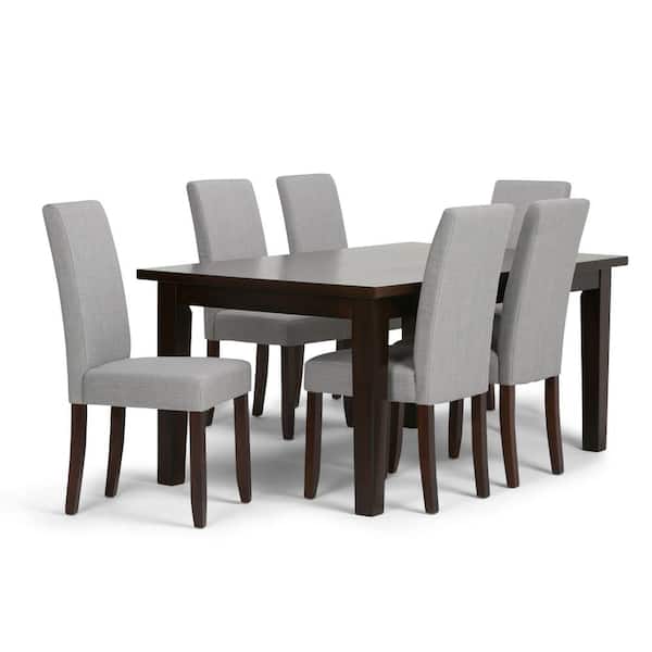 Simpli Home Acadian 7-Piece Dove Grey Linen Look Fabric and Wood Dining Set with 6-Upholstered Parson Chairs and 66 in. Wide Table