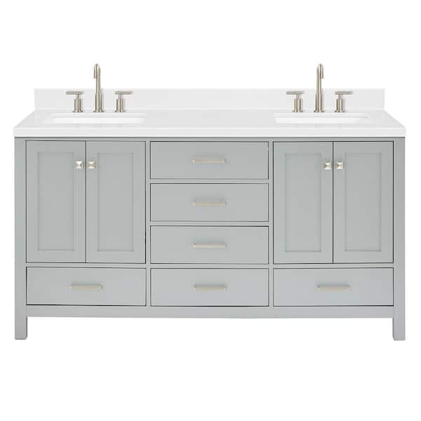 Cambridge 66 in. Double Sink Freestanding Bathroom Vanity in Gray with Carrara White Quartz Top