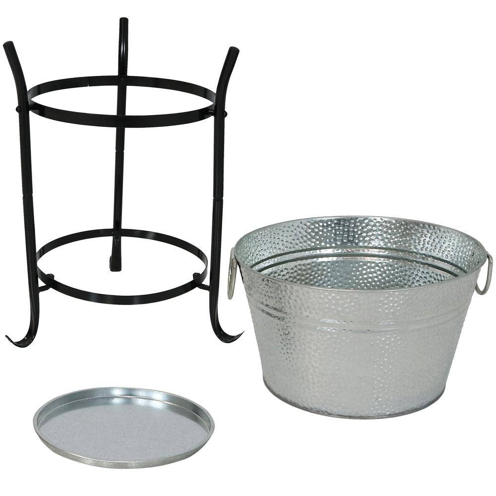 Silver Galvanized Steel Ice Bucket with Stand and Tray