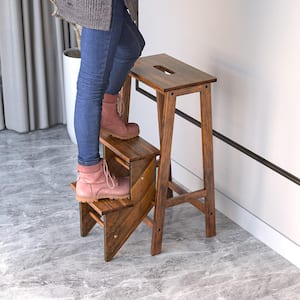 Coffee 3-Tier Folding Step Stool 3-in-1-Rubber Wood Ladder Storage Shelf