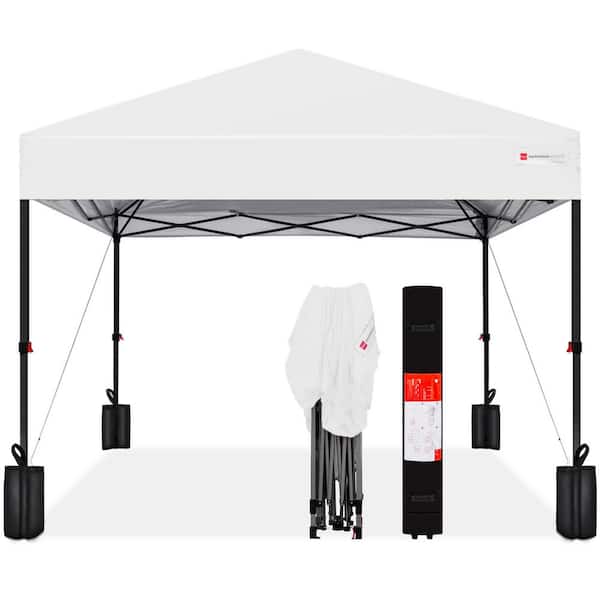 Best Choice Products 8 ft. X 8 ft. White Pop Up Canopy with 1-Button Setup, Wheeled Case, 4-Weight Bags
