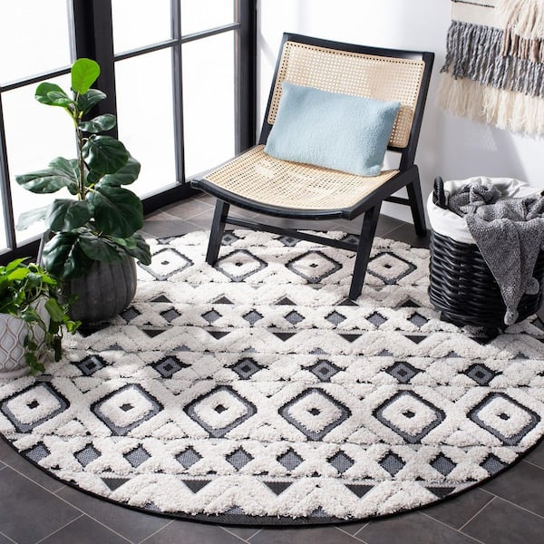 Cottage Ivory/Dark Gray 7 ft. x 7 ft. Diamond High-Low Indoor/Outdoor Round Area Rug