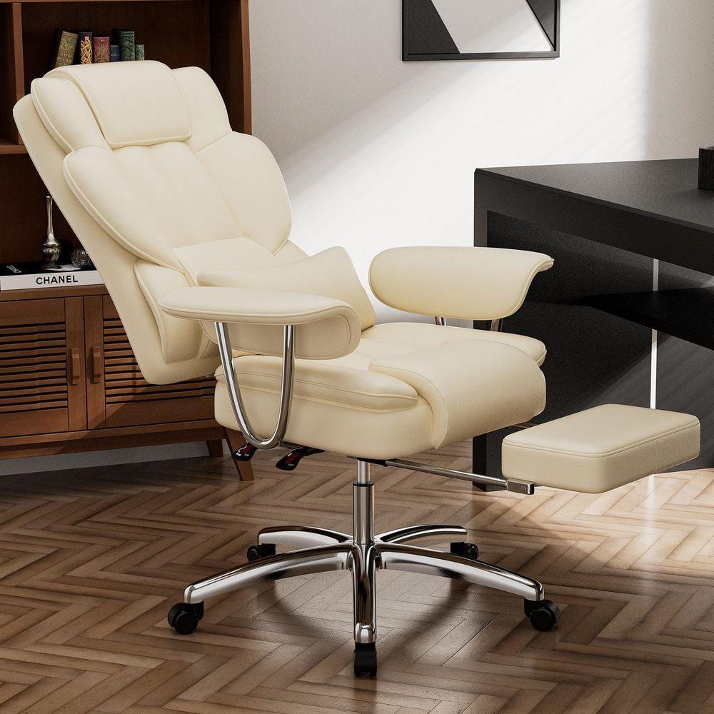 Leather Swivel Ergonomic Executive Office Chair High Back Reclining Computer Chair with Lumbar Pillow Footrest in Beige - Thumbnail 5