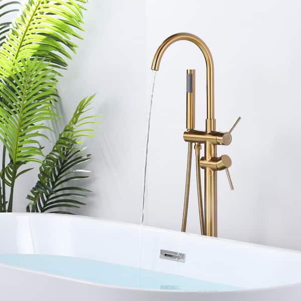 Double Handle Floor Mounted Freestanding Tub Faucet with Handheld Shower in Gold
