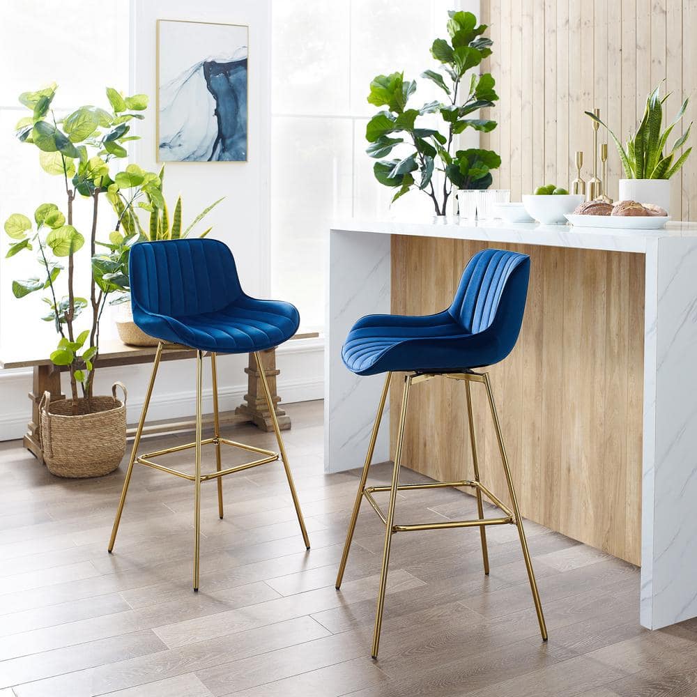 Elegant Blue Velvet Swivel Counter Height Bar Stools with Golden Metal Legs