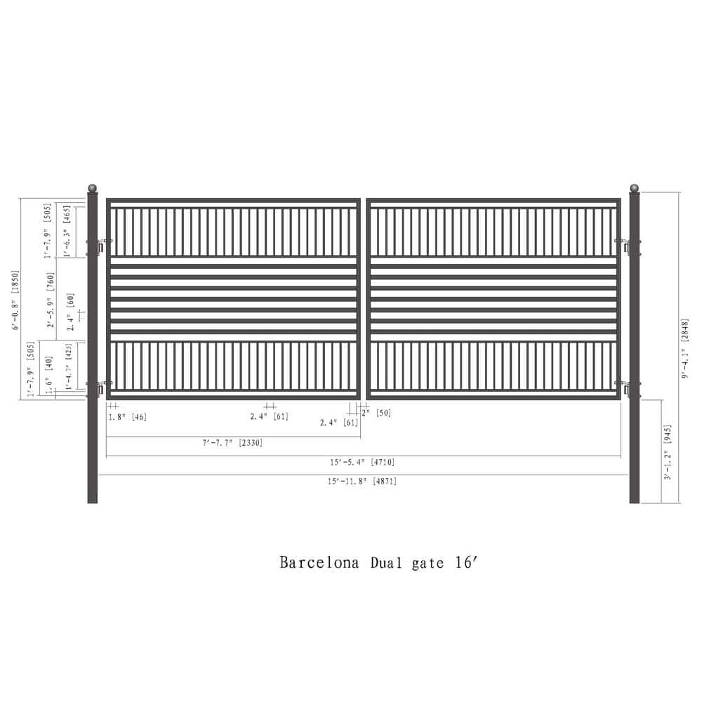 Barcelona Style Black Steel Dual Swing Driveway Gate 16 x 6 Feet
