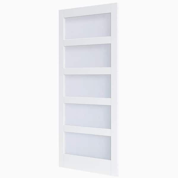 36 in. x 84 in. 5-Lite Tempered Frosted Glass White Finished Solid Core MDF Wood Sliding Barn Door with Hardware Kit