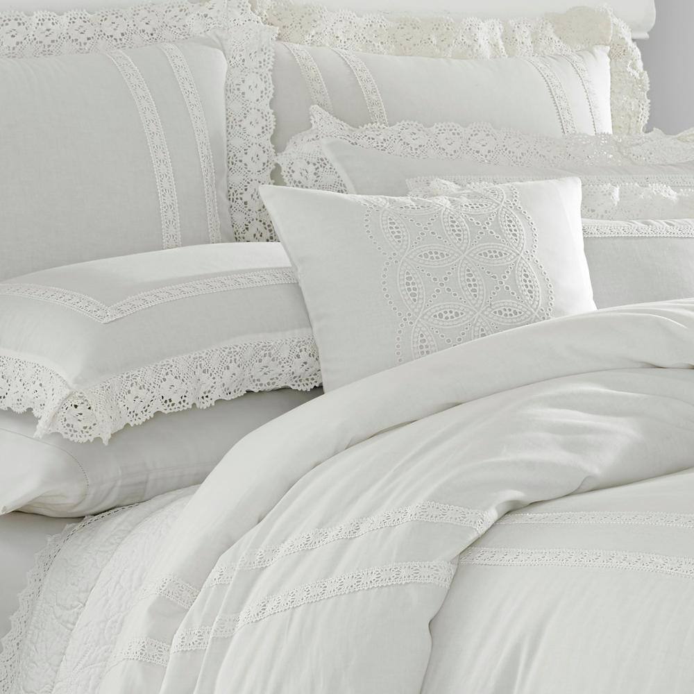 Annabella Crocheted Lace Trimmed White Cotton Square Throw Pillow