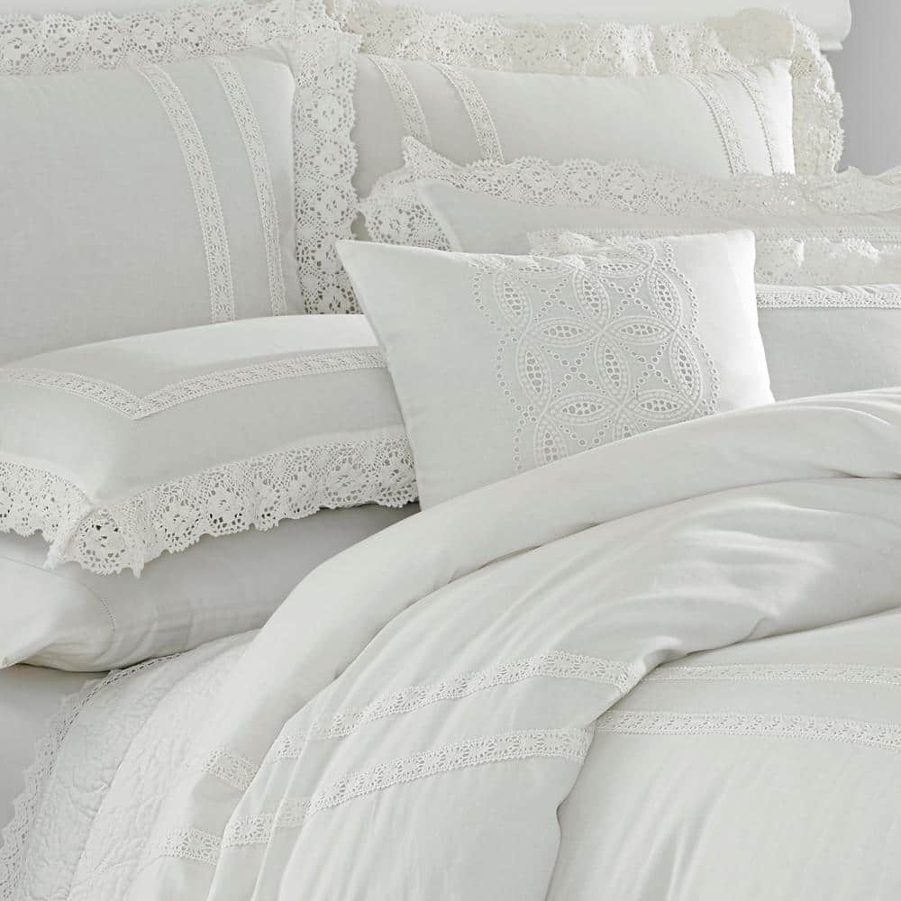 Annabella White Cotton Lace Trimmed Square Throw Pillow