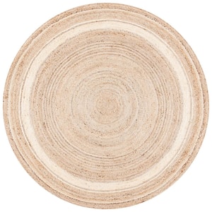 Natural Fiber Ivory/Beige 6 ft. x 6 ft. Striped Border Round Area Rug