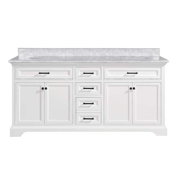 Windlowe 73 in. Double Sink White Bath Vanity with White Carrara White Marble Top and Additional Black hardware