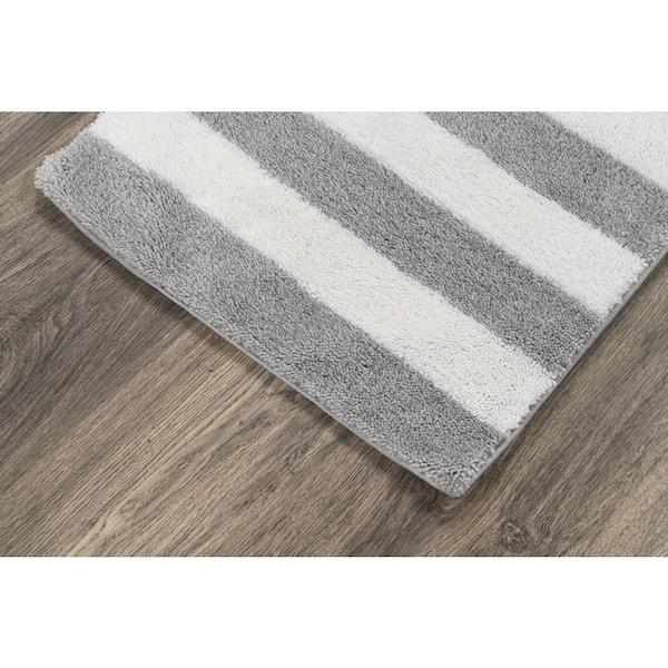 21 in. x 34 in. Platinum Gray/White Beach Stripe Plush Nylon/Polyester Rectangle Bath Rug