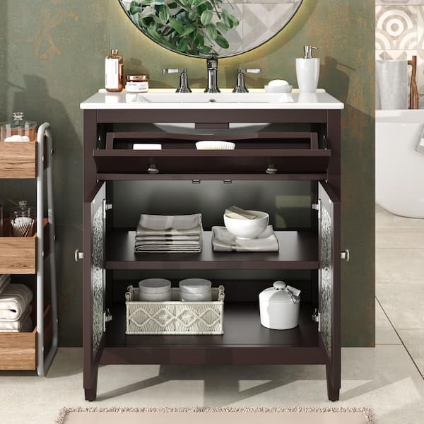 30 in. Freestanding Dark Brown Bath Vanity with White Ceramic Top and Glass Door Bathroom Storage Cabinet Unassembled
