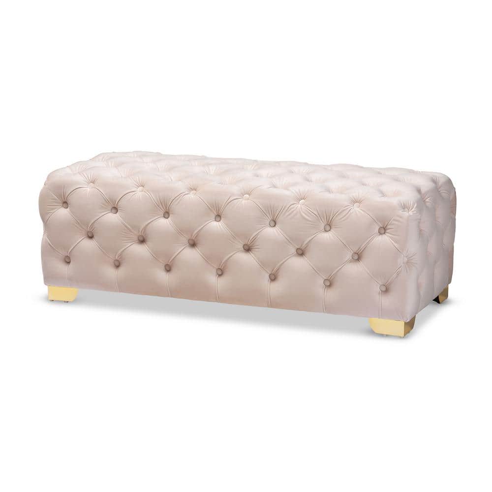 Luxurious Beige Velvet 48" Square Tufted Gold-Legged Ottoman