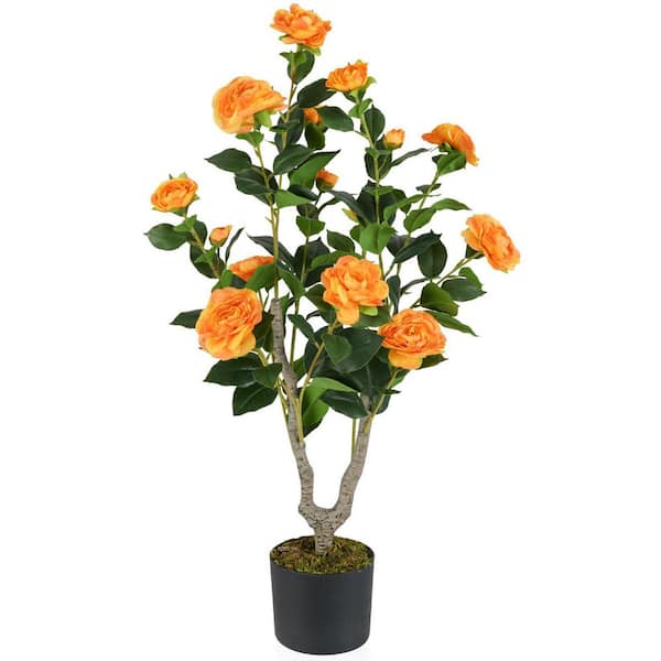 3 ft. Artificial Camellia Tree with Orange Blooming Flower in Pot for In-Outdoor Decor (1 Pack)