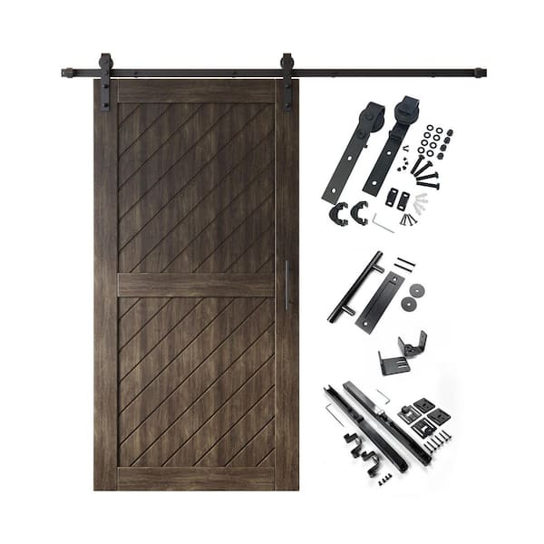 HOMACER XT1 32 in. x 80 in. C-Panel Ebony Slanted Stripe Design Solid Pine Wood Sliding Barn Door with Hardware Kit