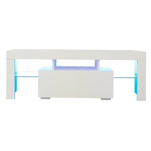 LUCKY ONE Anju 51 in. White TV Console LED Entertainment Center with Storage Shelves and Drawer