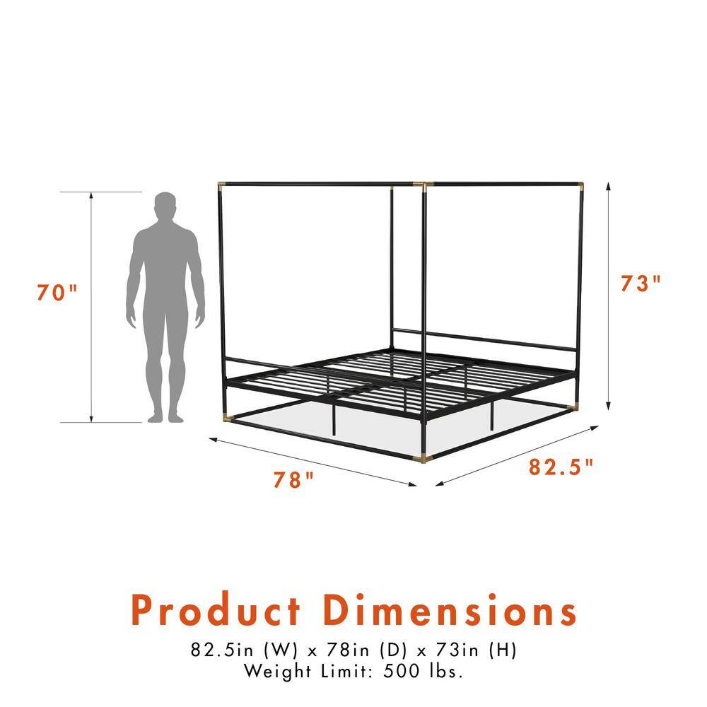 Celeste Black Metal Upholstered King Platform Bed Frame with Slats