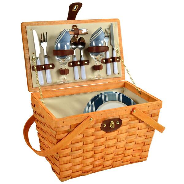 Unbranded Frisco Traditional American Style Picnic Basket with Service for 2 in Blue Stripe