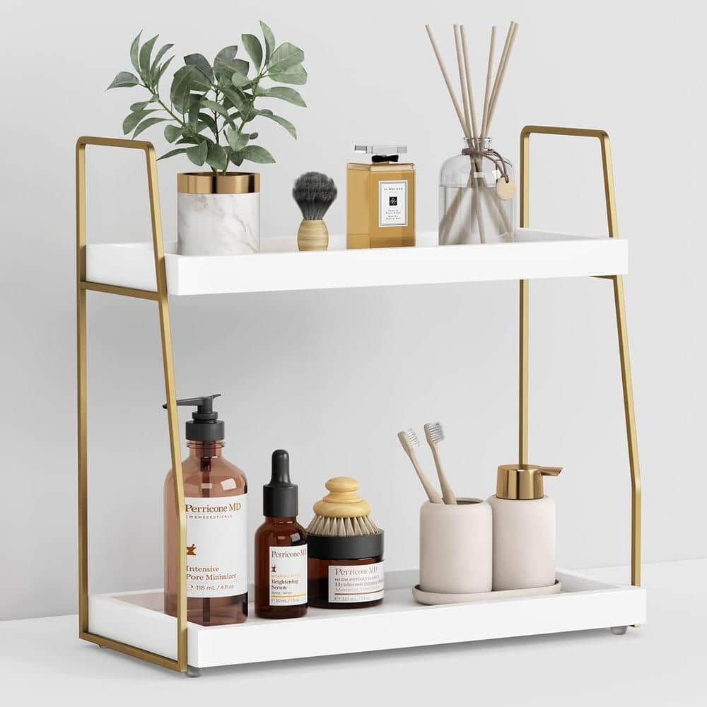 Countertop Bathroom Trays Organizer with Vanity Storage in White and Gold 2
