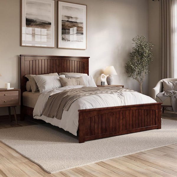 Naples Walnut Brown Solid Wood Frame Queen Low Profile Platform Bed with Matching Footboard