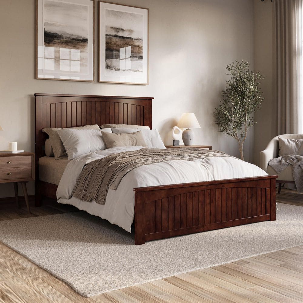 Walnut Queen Solid Wood Low Profile Platform Bed with Headboard and Footboard