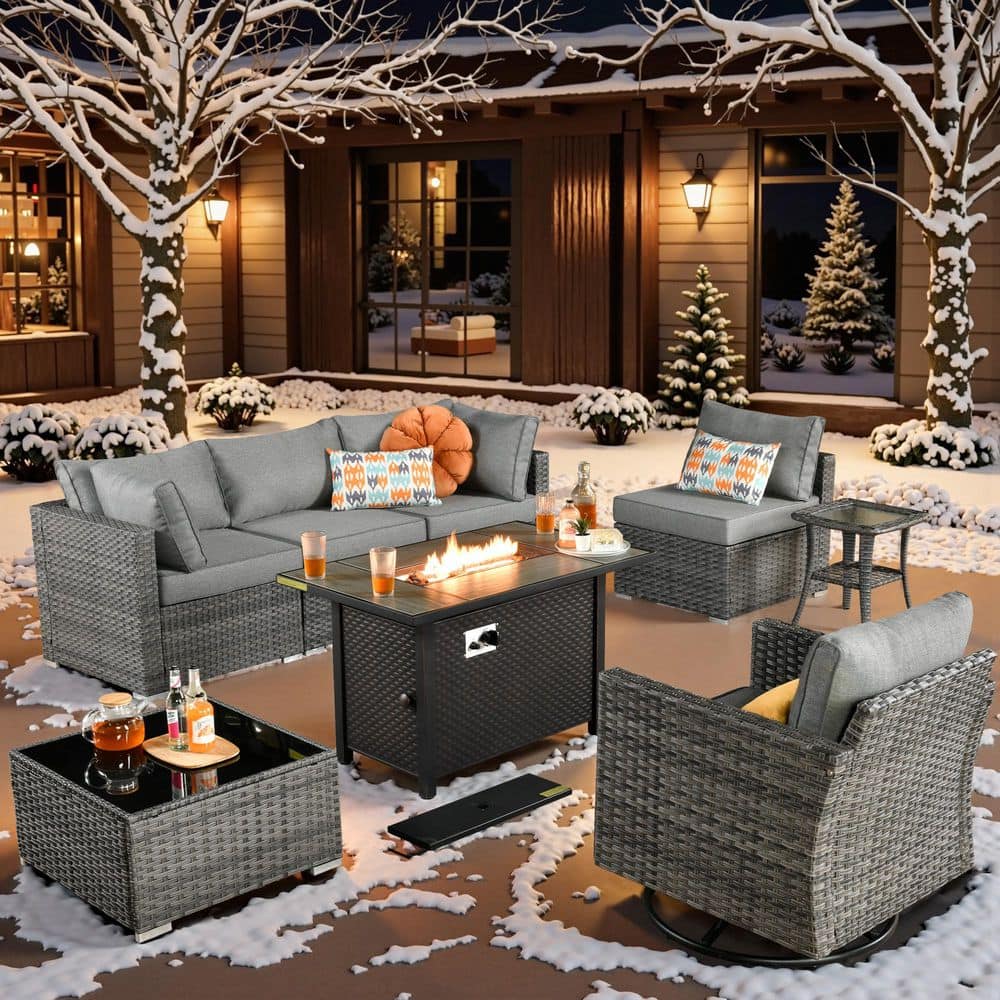 Sanibel Gray 8-Piece Wicker Outdoor Patio Conversation Sofa Sectional Set with a Metal Fire Pit and Dark Gray Cushions