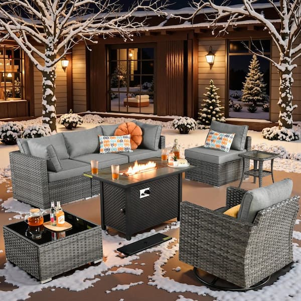 Toject Sanibel Gray 8-Piece Wicker Outdoor Patio Conversation Sofa Sectional Set with a Metal Fire Pit and Dark Gray Cushions