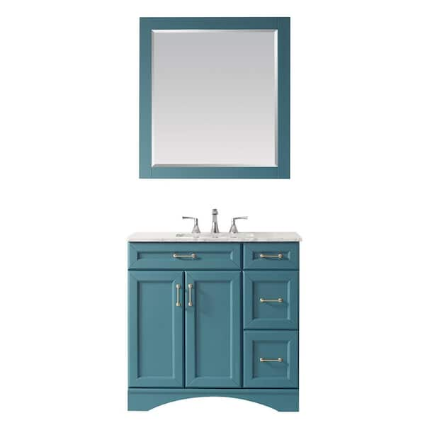 ROSWELL Naples 36 in. Bath Vanity in Green with Carrara Marble Vanity Top in White with White Basin and Mirror