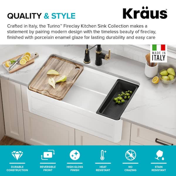 Turino Gloss White Fireclay 33 in. Single Bowl Farmhouse/Apron-Front Workstation Kitchen Sink with Accessories