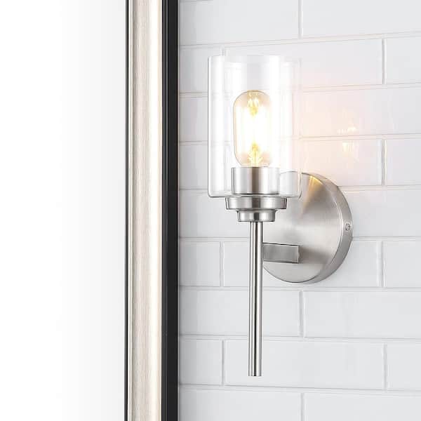 JONATHAN Y Juno 13 in. 1-Light Nickel Farmhouse Industrial Iron Cylinder LED Wall Sconce Vanity Light